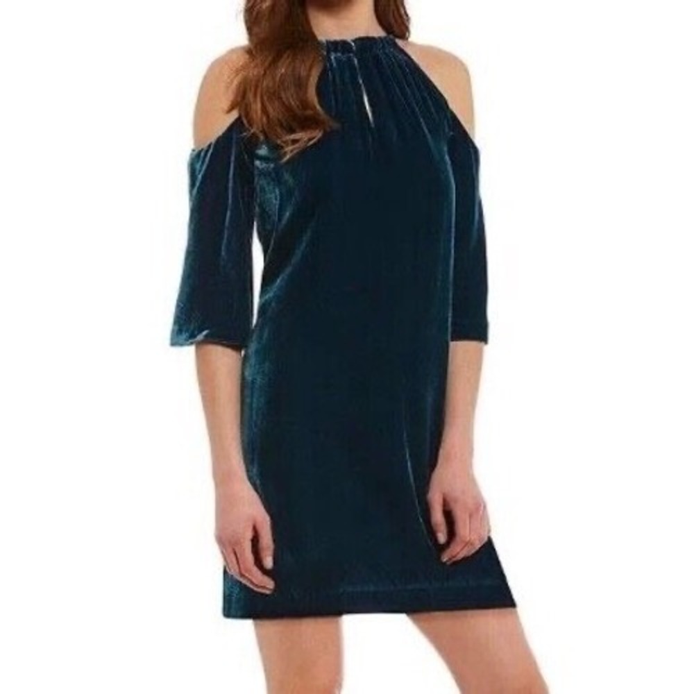 TRINA TURK Dark Teal STRETCH VELVET Tie Neckline COCKTAIL A-Line EDEN DRESS - 14